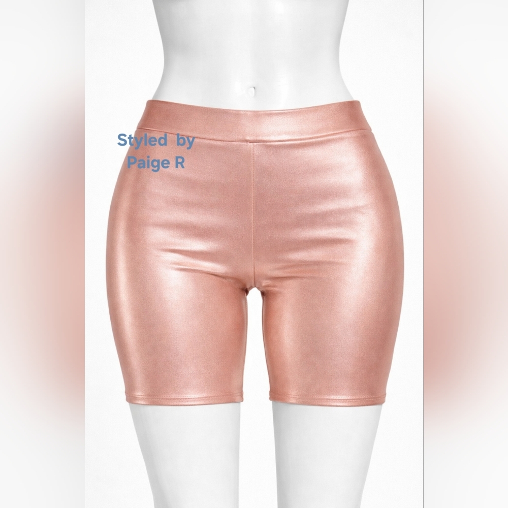 NWT SKIMS Swim Metallic Shiny Mid Waist Shorts Full Coverage Bottoms CHAMPAGNE S